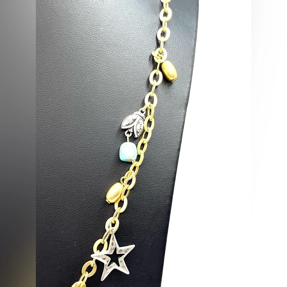 Charm Necklace Bee Heart Star Butterfly Gold Tone with Colorful Beads  Long